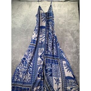 Coastal Blue Patchwork Maxi Dress XS – Resort Getaway, Elegant Vacation Style